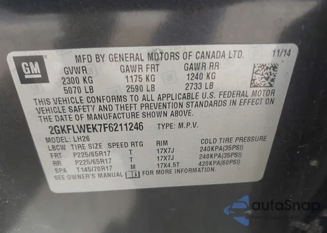2015 GMC Terrain Sle-2 из США, поврежденный, VIN 2GKFLWEK7F6211246